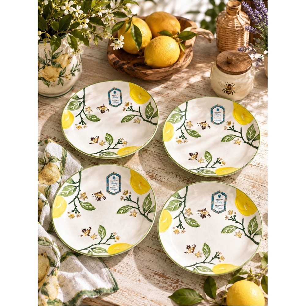 Set of 4 Lemon Tree Honey Bee Salad Plates 9" Hand Painted Ceramic